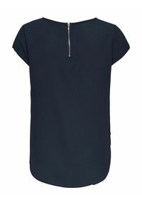 Top blu navy con maniche corte, tessuto texturizzato, scollo rotondo e dettagli con cerniera a vista sul retro, caratterizzato da un orlo curvato.