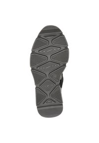 Suela de zapato de goma negra con textura y patrón geométrico, que mejora el agarre y la durabilidad. Diseño plano, con forma de punta redondeada.