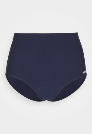 Culotte bikini a vita alta di colore blu navy, realizzata in materiale liscio, con cuciture pulite e un piccolo logo metallico sul lato.