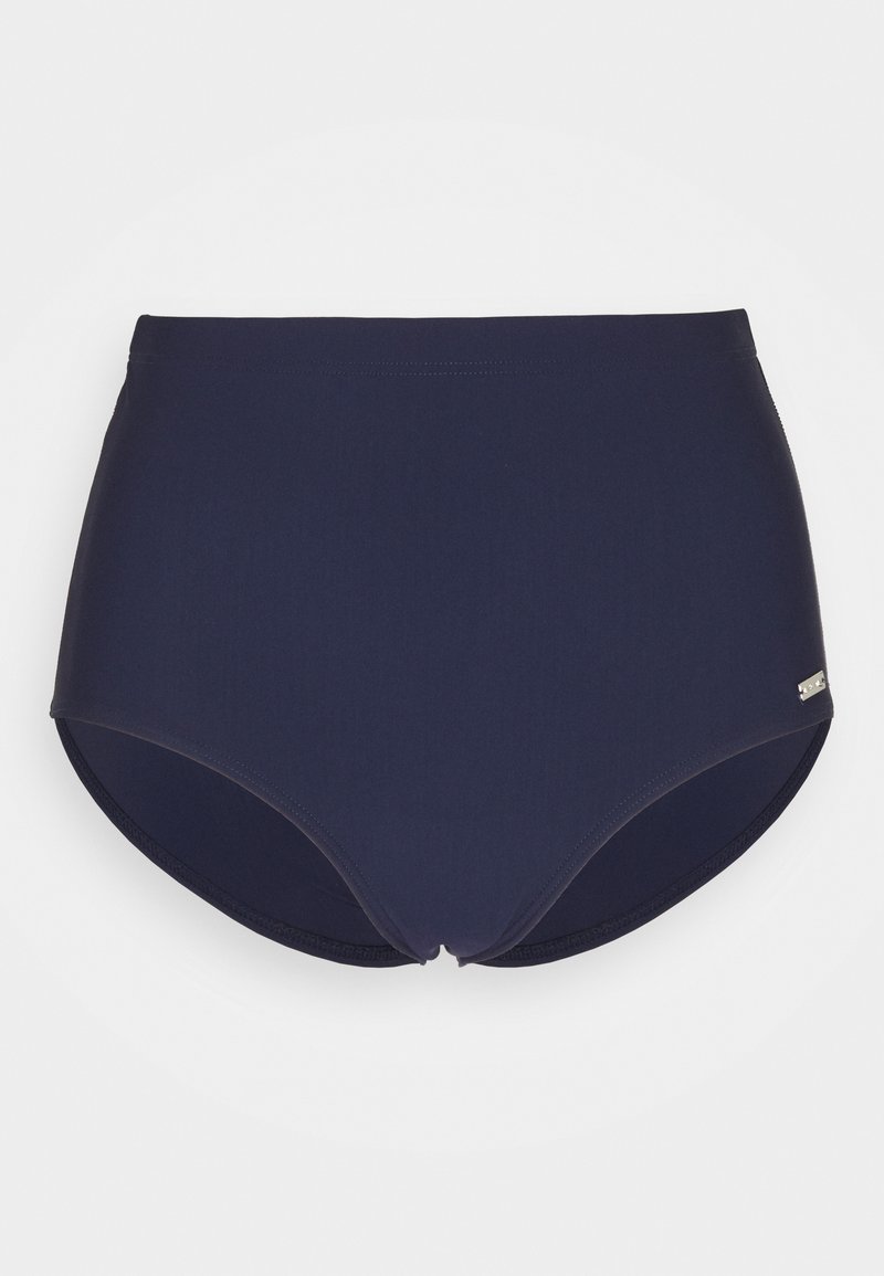 Bas de bikini taille haute bleu marine fabriqué à partir d'un matériau lisse, avec des coutures nettes et un petit logo métallique sur le côté.