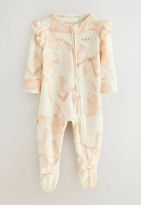 Gaiši bežs bērnu kokonis ar mīkstām rozā lentīšu rakstiem, ar ruffles plecu detaļām, ar rāvējslēdzēju un kāju dizainu ar lentīšu akcentiem.