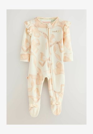 Hellbeige Baby-Overall mit sanften rosa Schleifenmustern, Rüschendetails an den Schultern, Reißverschluss und Fußdesign mit Schleifenakzenten.