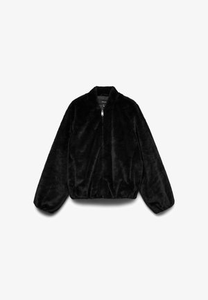 Schwarze Kunstfell-Jacke mit Reißverschluss, hohem Kragen, elastischem Saum und langen Puffärmeln. Glatte Textur mit plüschigem Aussehen.