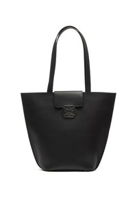 Borsa a spalla nera con texture liscia, forma grande e due manici lunghi. Presenta una chiusura a flap con un gancio esagonale.