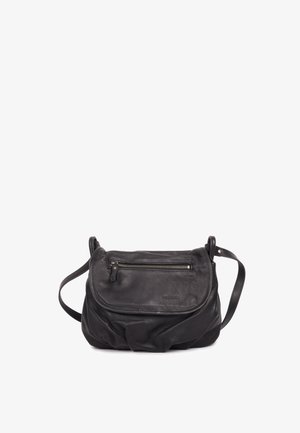 Sac bandoulière en cuir noir avec une poche avant zippée, surface douce et texturée, forme arrondie, et sangle ajustable.