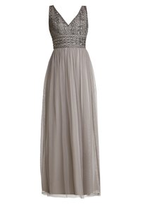 Long grey evening dress with a V-neck, beaded bodice, and sheer skirt. Textured fabric with a fitted waist and flowing silhouette.