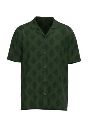 Dunkelgrünes, kurzärmliges Hemd mit Knopfleiste, Reverskragen und strukturiertem Rautenmuster.