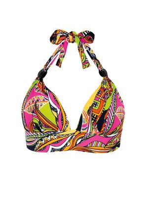 Góra bikini typu halter z jasnymi, wielokolorowymi abstrakcyjnymi wzorami w kolorach różowym, pomarańczowym, zielonym, czarnym i białym, wiązana na szyi.