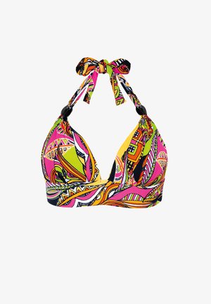 Góra bikini typu halter z jasnymi, wielokolorowymi abstrakcyjnymi wzorami w kolorach różowym, pomarańczowym, zielonym, czarnym i białym, wiązana na szyi.