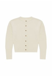 Hellbeige Strickjacke aus weichem Stoff, mit rundem Halsausschnitt, langen Ärmeln und sieben braunen Knöpfen auf der Vorderseite. Rippbündchen an Hemd und Ärmeln.