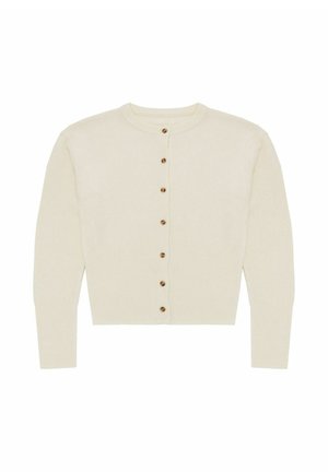 Cardigan beige chiaro realizzato in morbido tessuto, con collo rotondo, maniche lunghe e sette bottoni marroni sul davanti. Orlo e polsini a coste.