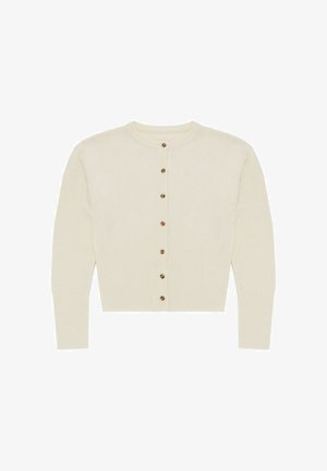 Cardigan beige chiaro realizzato in morbido tessuto, con collo rotondo, maniche lunghe e sette bottoni marroni sul davanti. Orlo e polsini a coste.