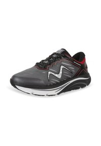 Men's athletic shoe in black mesh with red accents. Features a rounded toe, cushioned sole, and dynamic wave design on the side.