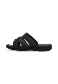 Zwarte leren slip-on sandalen met een kruisband ontwerp, een gestructureerd oppervlak en een flexibele rubberen zool met een gemêleerd profiel voor grip.