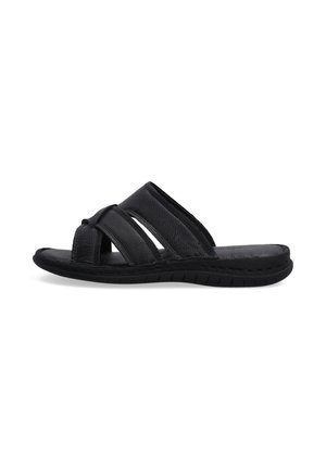 Sandale à glissière en cuir noir avec un design à sangles croisées, surface texturée et semelle en caoutchouc flexible avec un motif pour une meilleure adhérence.