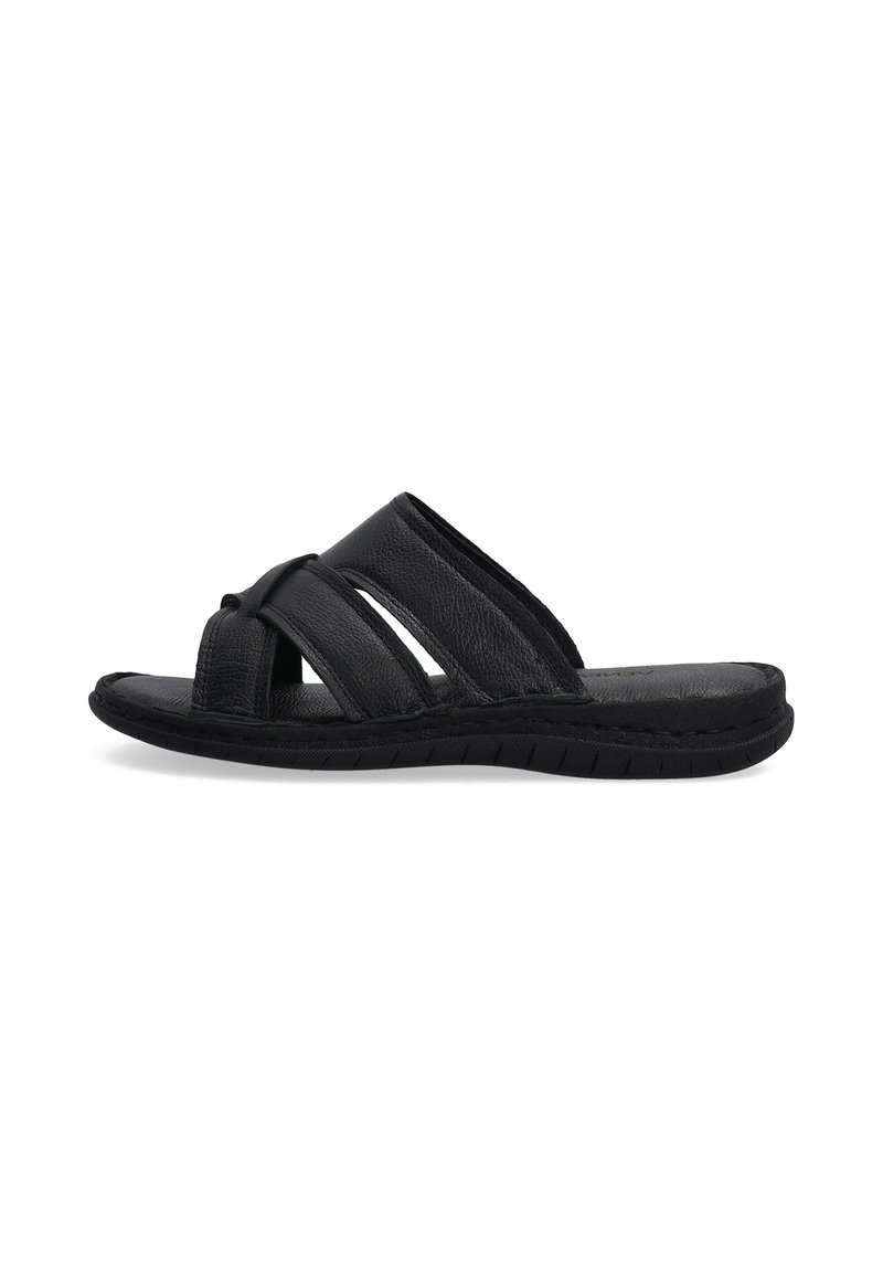 Zwarte leren slip-on sandalen met een kruisband ontwerp, een gestructureerd oppervlak en een flexibele rubberen zool met een gemêleerd profiel voor grip.