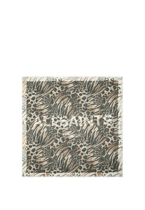 Square scarf featuring a leopard and floral print in shades of grey, black, and beige. Soft fabric with a hemmed edge and branding at the center.