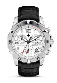 Orologio cronografo in acciaio inossidabile argentato con quadrante bianco, cinturino in pelle nera con motivo coccodrillo e accento rosso sul contatore dei minuti.