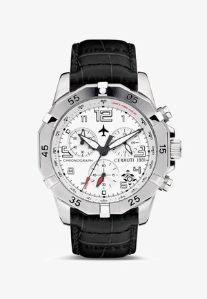 Silberne Edelstahl-Chronographenuhr mit weißem Zifferblatt, schwarzem Lederarmband im Krokodilsmuster und rotem Akzent auf dem Minutenzeiger.