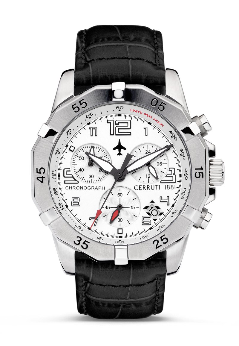 Orologio cronografo in acciaio inossidabile argentato con quadrante bianco, cinturino in pelle nera con motivo coccodrillo e accento rosso sul contatore dei minuti.