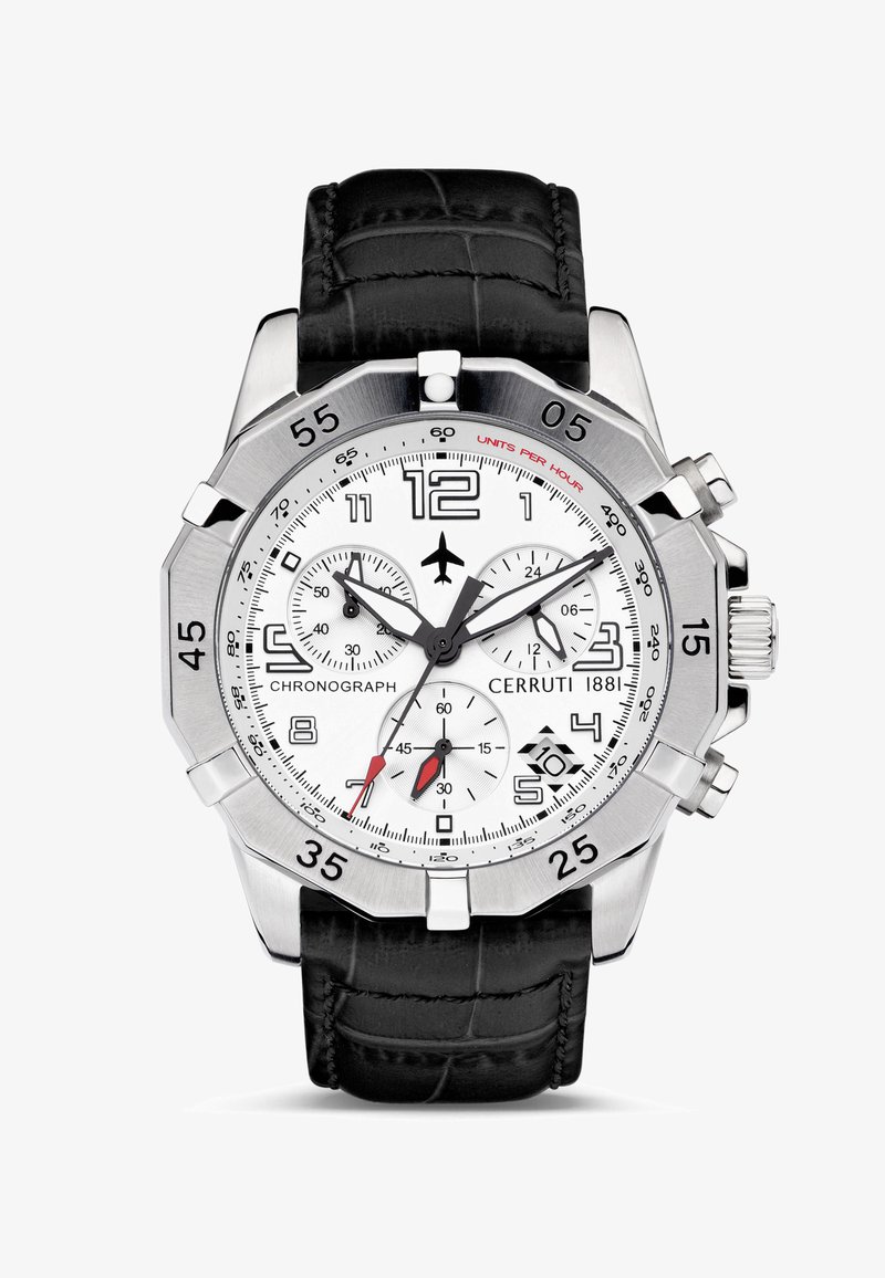 Sidabrinis nerūdijančio plieno chronografas su baltu ciftu, juodu krokodilo odos rašto dirželiu ir raudonu akcentu ant minučių skaitiklio.