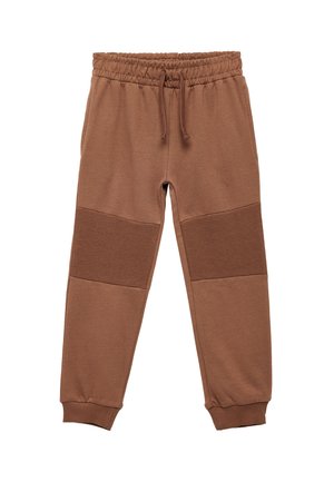 Pantalons de survêtement marron avec une texture côtelée sur les panneaux latéraux, une taille élastique avec cordon de serrage et des chevilles fuselées.