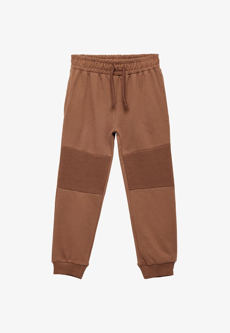 Brune sweatpants med ribbet tekstur på sidepanelerne, elastisk talje med snøre og tætsiddende ankler.