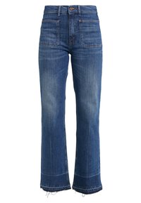 Jeans i mid-blått med rak bendesign, fem fickor och fransade fållar. Ren finish med lätt tvättad look.