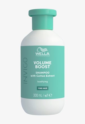 Wella Professionals Invigo Volume Boost shampoo fles met katoenextract voor fijn haar, 300 ml, teal en witte verpakking.