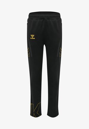 Schwarze Sporthosen aus weichem Material mit gelben Akzenten, einem Logo und seitlichen Reißverschlusstaschen; taillierter Schnitt mit elastischem Bund.