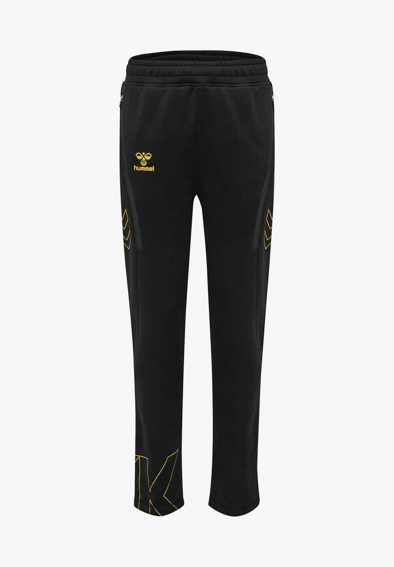 Schwarze Sporthosen aus weichem Material mit gelben Akzenten, einem Logo und seitlichen Reißverschlusstaschen; taillierter Schnitt mit elastischem Bund.