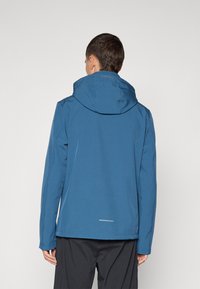 Blue outdoor jacket with a hood, featuring a smooth texture and reflective accents. The design includes long sleeves and a straight cut.