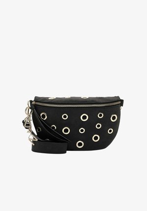 Borsa a tracolla in suede nero con occhielli metallici circolari e chiusura con cerniera. Presenta una tracolla rimovibile e dettagli metallici.
