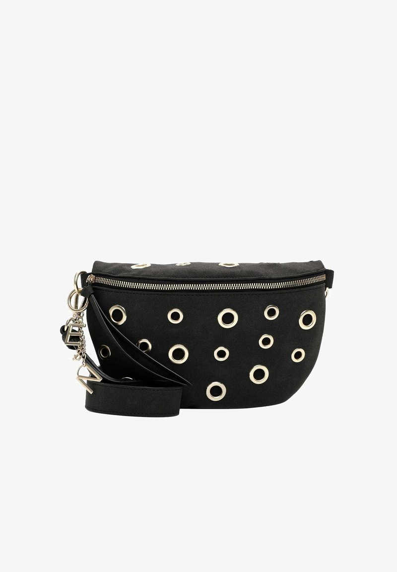 Borsa a tracolla in suede nero con occhielli metallici circolari e chiusura con cerniera. Presenta una tracolla rimovibile e dettagli metallici.