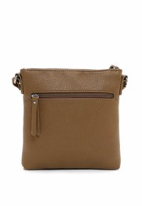 Borsa a tracolla in pelle marrone con texture, dotata di tasca frontale con zip e tracolla regolabile, forma rettangolare e finitura liscia.