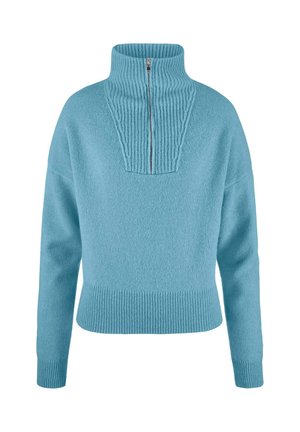 Lichtblauwe gebreide trui met een hoge kraag en een halve rits. Heeft rib gebreide accenten op de kraag en de zoom. Zachte textuur, relaxed fit.