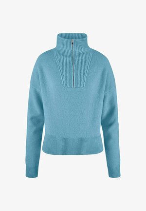 Pullover azzurro chiaro in maglia con colletto alto e zip a metà. Presenta dettagli a coste sul colletto e sull'orlo. Tessuto morbido, vestibilità rilassata.