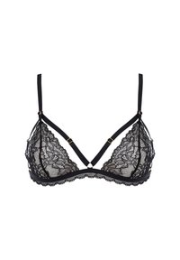 Soutien-gorge triangle en dentelle noire avec maille transparente, motif floral, bretelles ajustables, accents en métal doré et bordure festonnée.