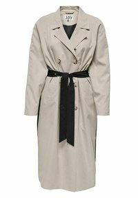 Trench-coat beige à double boutonnage avec ceinture noire à la taille et revers crantés, doté de quatre boutons et de manches longues.