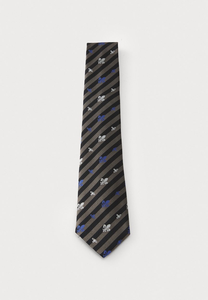 Corbata de gala con rayas diagonales y pequeños patrones florales en azul y plata. Fabricada en material suave con un extremo puntiagudo.