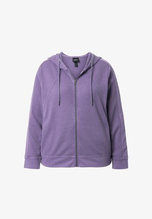 Lilla waffle-strikket hættetrøje med lynlås, snoretræk, lange ærmer samt ribkant på ærmer og kant.