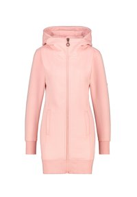 Dlouhá světle růžová mikina na zip s kapucí a předními kapsami, s žebrovanými manžetami, vystavená na bílém pozadí.