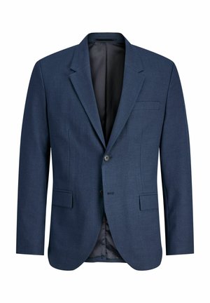 Muški jednoredni tamnoplavi sako s dva prednja džepa s poklopcem, jednim džepom na prsima, reverima s urezom i kopčanjem na dva dugmeta.