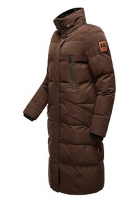 Brown insulated long coat with a high collar, zippered pockets, a large front pocket, and ribbed cuffs. Features a textured fabric.
