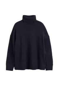 Pull à col roulé bleu marine fabriqué en matériau doux, avec une coupe décontractée, des épaules tombantes, des poignets côtelés et des finitions au niveau de l'ourlet.
