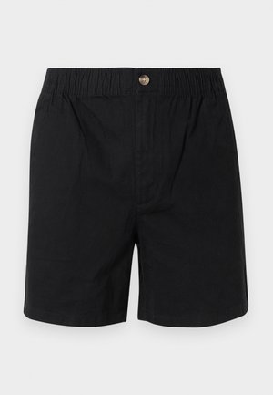 Schwarze Baumwollshorts mit elastischem Bund und einer einzelnen Knopfverschluss vorne, mit geradem Schnitt und einer mittleren Oberschenkellänge.
