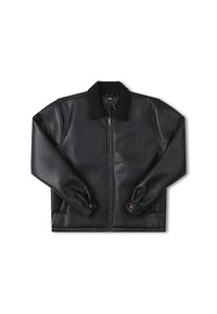 Black leather jacket with a textured finish, fur collar, front zipper, and buttoned cuffs. Features two side pockets and a square patch detail.