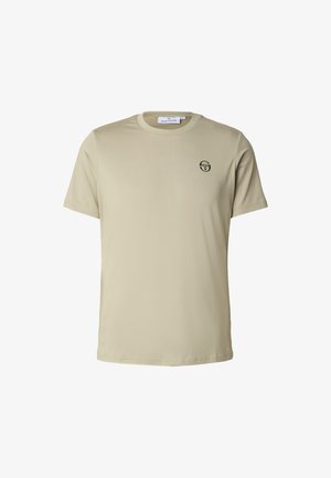 Beige T-shirt met korte mouwen van gladde stof. Voorzien van een klein zwart logo op de borst. Klassieke ronde hals en rechte zoom.