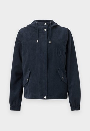 Dunkelblaue Cordjacke mit Kapuze, vorderen Druckknöpfen, elastischen Bündchen und zwei Klappentaschen mit Druckknopfverschluss.