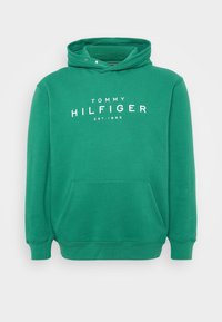 Zelená bavlněná mikina s kapucí, přední kapsou a bílým potiskem s textem "TOMMY HILFIGER EST. 1985" na hrudi.